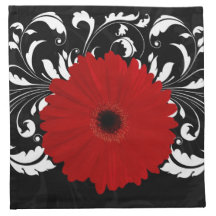 Bright Red Gerbera Daisy on Black Printed Napkin