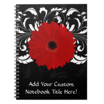 Bright Red Gerbera Daisy on Black Spiral Note Book