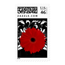 Bright Red Gerbera Daisy on Black Stamp