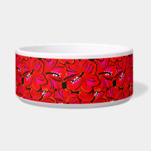Bright Red Trendy Hibiscus Flowers Dog Food Bowls