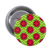 Bright Summer Picnic Watermelons on Green Chevron Button