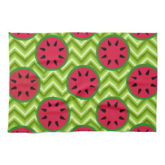 Bright Summer Picnic Watermelons on Green Chevron Kitchen Towels