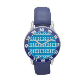 Bright Teal Turquoise Blue Waves Circles Pattern Wristwatch
