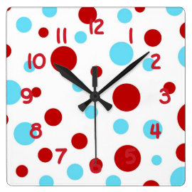 Bright Teal Turquoise Red White Polka Dots Pattern Clocks