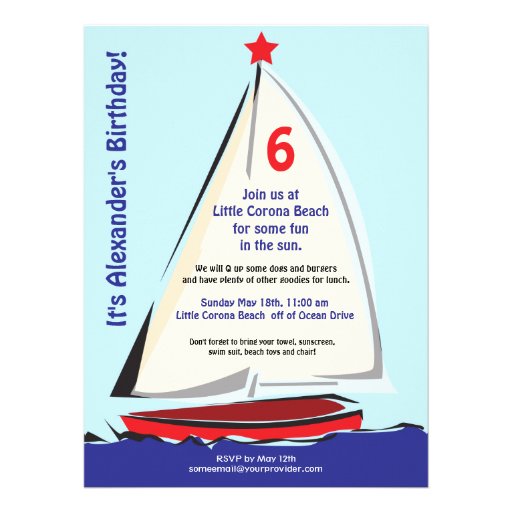 Bright Whimsical Sailboat Invitation 6.5" X 8.75" Invitation Card 