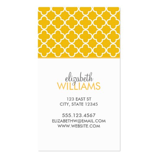 Bright Yellow Moroccan Quatrefoil Pattern Business Card (front side)
