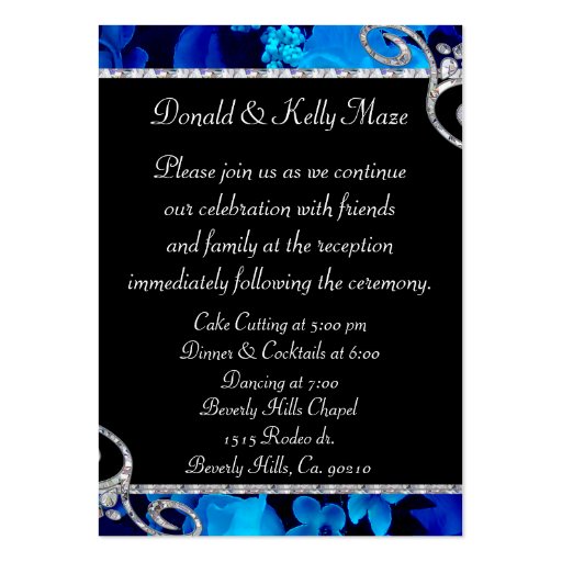 Brilliant Blue Roses & Diamond Swirls Wedding Business Card Template (back side)