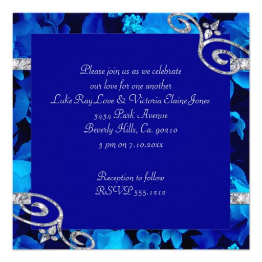 Brilliant Blue Roses & Diamond Swirls Wedding DBNF Personalized Invites