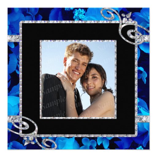 Brilliant Blue Roses & Diamond Swirls Wedding Custom Invitations