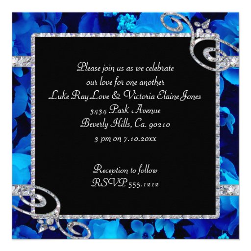 Brilliant Blue Roses & Diamond Swirls Wedding Custom Invitations