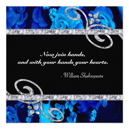 Brilliant Blue Roses & Diamond Swirls Wedding Personalized Announcements