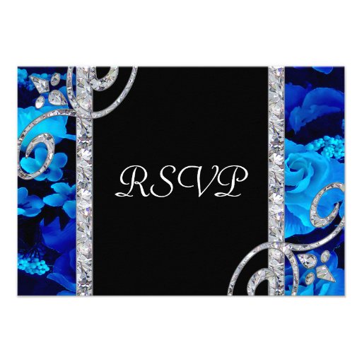 Brilliant Blue Roses & Diamond Swirls Wedding Custom Announcements