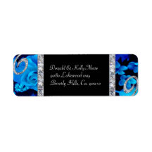 Brilliant Blue Roses & Diamond Swirls Wedding Custom Return Address Labels
