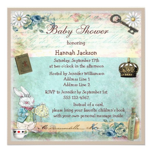 Bring a Book Alice in Wonderland Baby Shower Custom Announcement