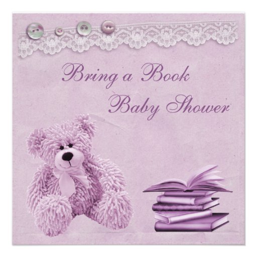 Bring a Book Lilac Teddy Vintage Lace Baby Shower Personalized Invite