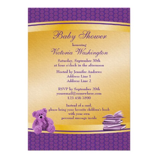 Bring a Book Purple Teddy & Hearts Baby Shower Announcements