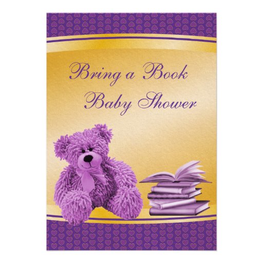 Bring a Book Purple Teddy & Hearts Baby Shower Announcements