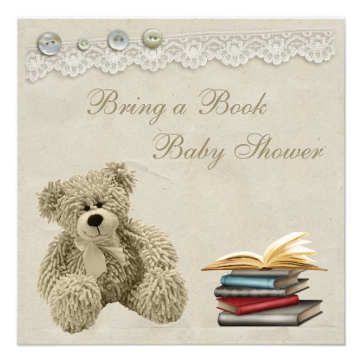 Bring a Book Teddy Vintage Lace Baby Shower Personalized Invitations