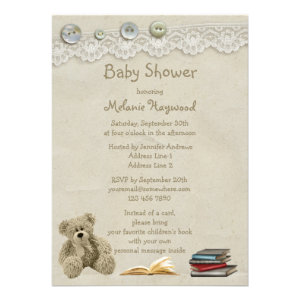 Bring a Book Teddy Vintage Lace Print Baby Shower Personalized Invitation