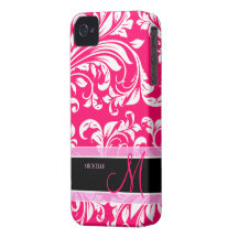 Broadway Pink and white floral damask w/ monogram Case-Mate iPhone 4 Cases
