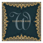 Brocade Monogram Teal & Gold Wedding Invitation
