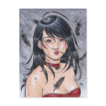 gothic, goth, asian, japan, japanese, china, chinese, geisha, anime, manga, vampire, vamp, angel, feather, raven, crow, tears, sad, emo, fairy, faeries, fae, fantasy, black, dark, cute, lady, woman, girl, zerick, delphine, levesque, demers, broken, heart, sorrow, rain, grey, sky, water, Postcard with custom graphic design