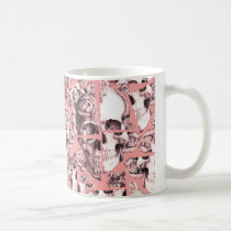 Broken up, fractured images of rose skull in coral mugs