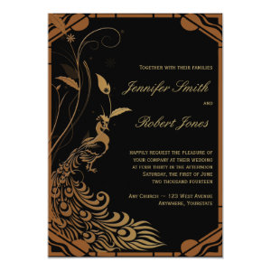 Bronze Art Deco Peacock and Floral Wedding 5x7 Paper Invitation Card