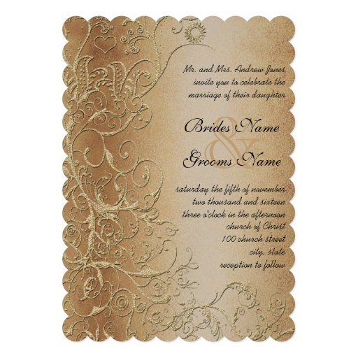 Bronze Gold and Black Love Bird Swirls Wedding Invitations