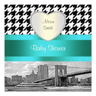 Brooklyn Bridge Blk Wht Houndstooth 2H Baby Shower Personalized Invitations