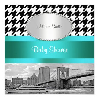 Brooklyn Bridge Blk Wht Houndstooth 2P Baby Shower Announcement