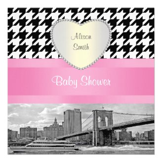 Brooklyn Bridge Blk Wht Houndstooth 4H Baby Shower Personalized Invitation