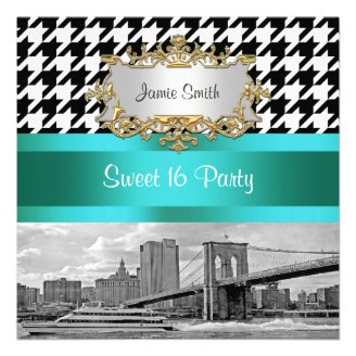Brooklyn Bridge Blk Wht Houndstooth Sweet 16 Party Custom Invitations