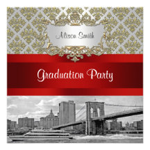 Brooklyn Bridge Gold White Damask Graduation Custom Invitation