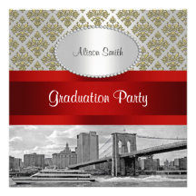 Brooklyn Bridge Gold White Damask P Graduation Personalized Invitation