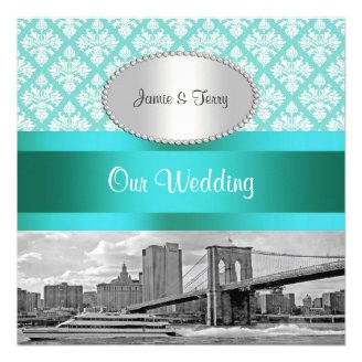 Brooklyn Bridge NYC Robin Egg Wht Damask P Wedding Invitations