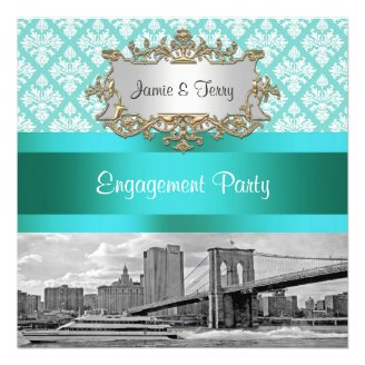 Brooklyn Bridge NYC Robin Egg Wt Damask Engagement Custom Announcements