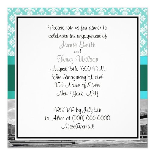 Brooklyn Bridge NYC Robin Egg Wt Damask Engagement Custom Announcements