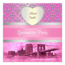Brooklyn Bridge Silver Pink Damask H Graduation Custom Invitation