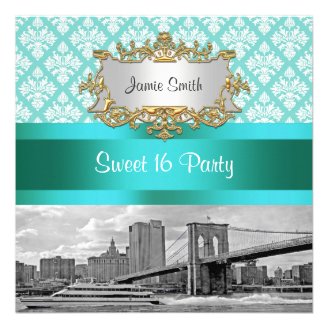 Brooklyn Bridge Turquoise White Damask Sweet 16 Custom Invite