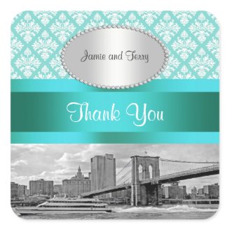 Brooklyn Bridge Turquoise Wht Damask P Thank You Square Stickers