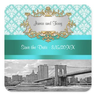Brooklyn Bridge Turquoise Wht Damask Save Date Square Stickers