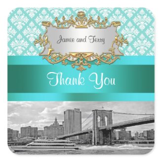 Brooklyn Bridge Turquoise Wht Damask Thank You Stickers