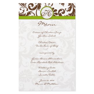 Brown and Apple Green Damask Wedding Menu stationery