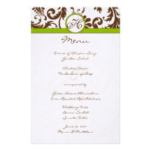Brown and Apple Green Damask Wedding Menu Custom Stationery
