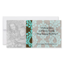 brown and aqua blue damask pattern photo card