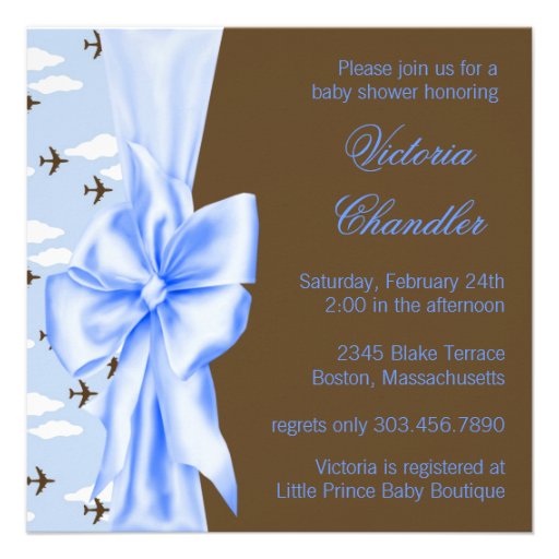 Brown and Blue Airplane Baby Boy Shower Personalized Invites