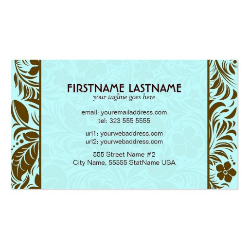 Brown And Blue Retro Floral And Leafs Pattern 2 Business Cards (back side)