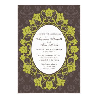 Brown and Chartreuse Floral Damask wedding invite