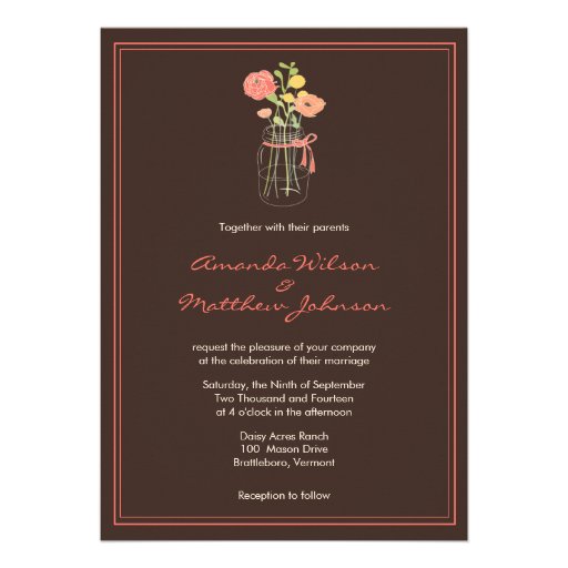 Brown and Coral Mason Jar Wedding Invitations